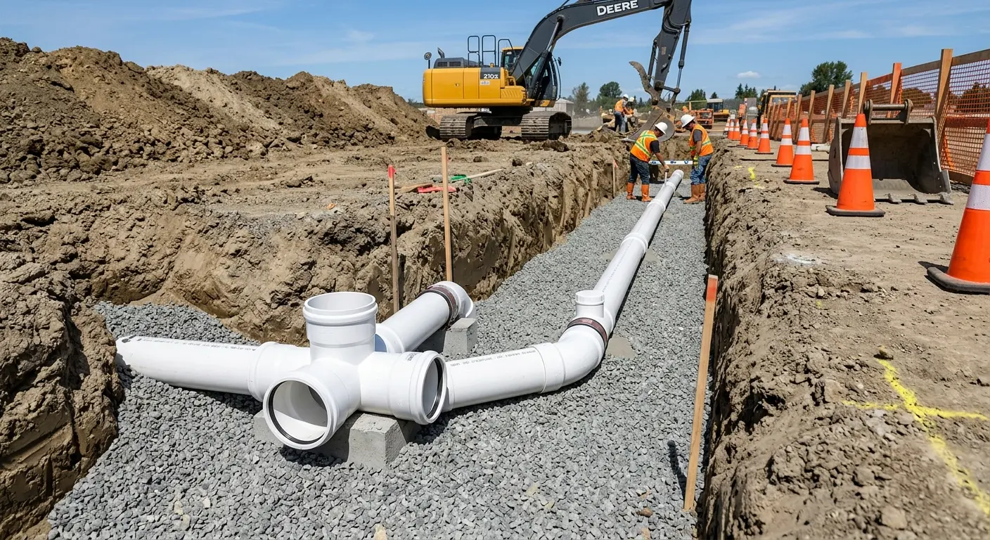 New PVC sewer pipe installation in open trench for Sewer Backup in Santaquin